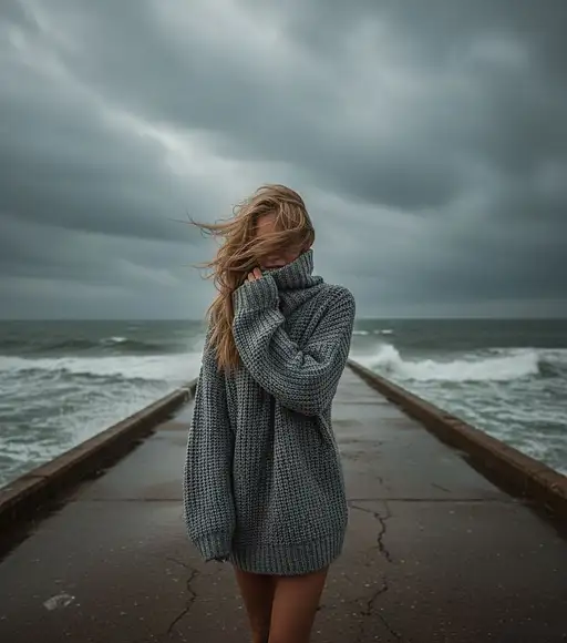 Cinematic Photo The Uploaded Woman Stormy Gray Concrete Pier The