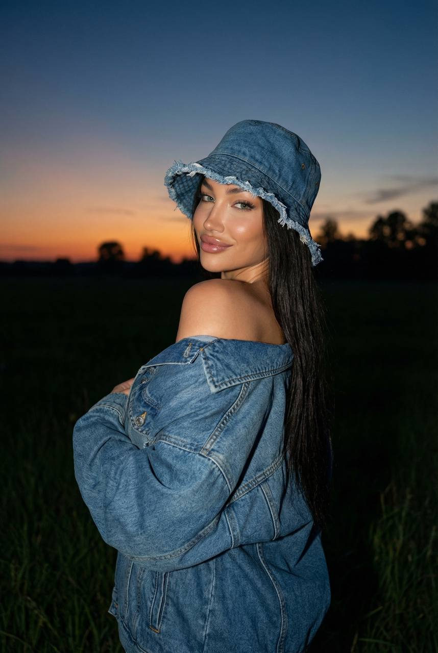A captivating portrait of a woman in an oversized denim jacket, smiling softly in a sunset-lit field.
