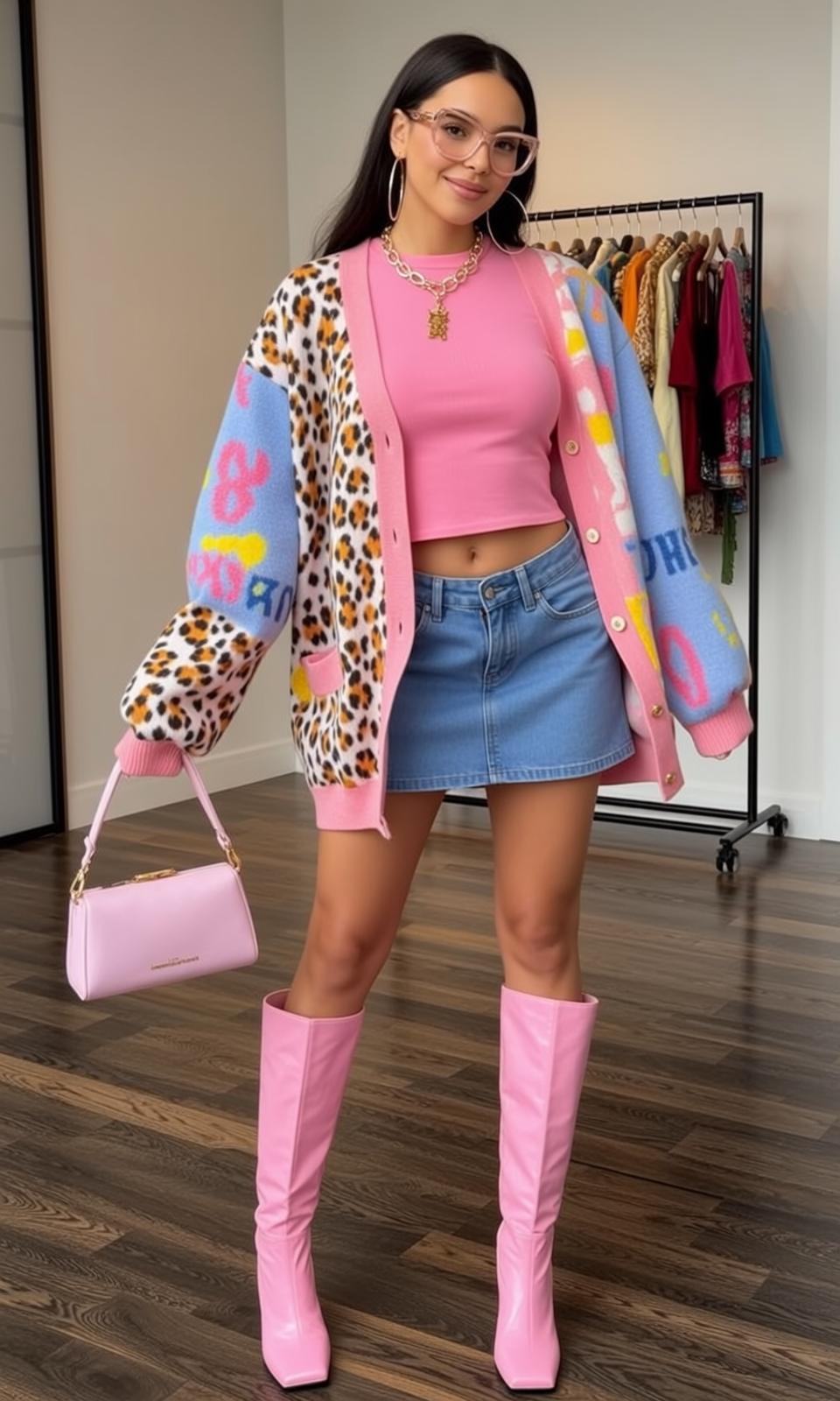 Pink Cardigan Leopard Pink Crop Top Indoors Wooden Floor Clothing