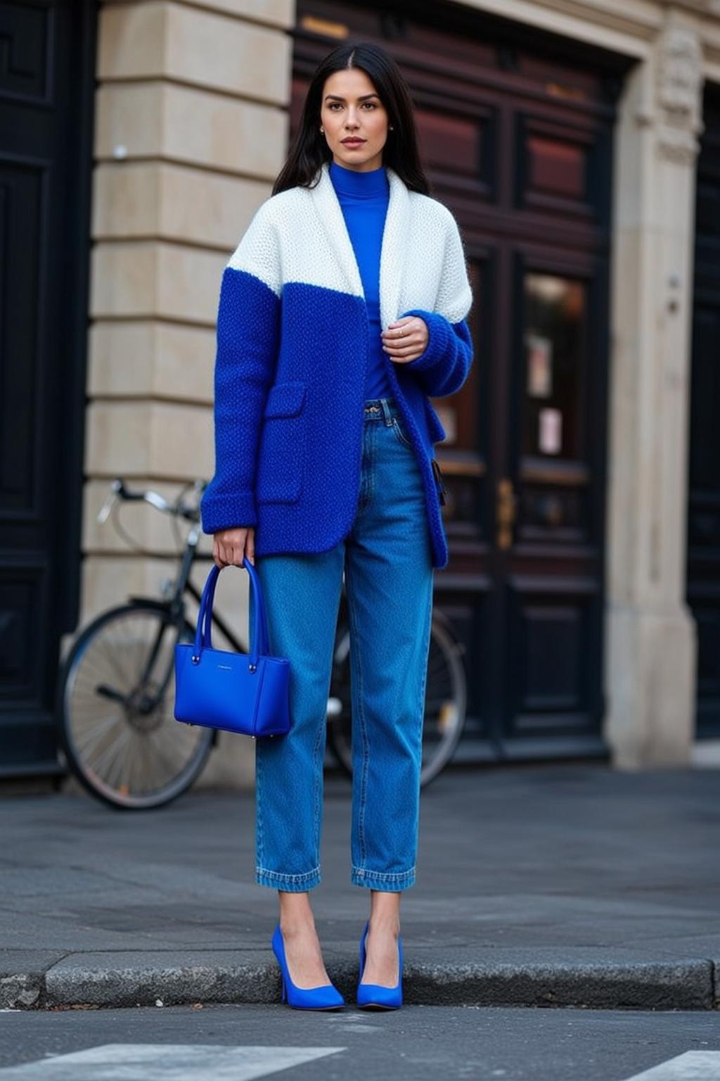 Royal Blue Outfit Woman Blue Handbag Lapel Jacket