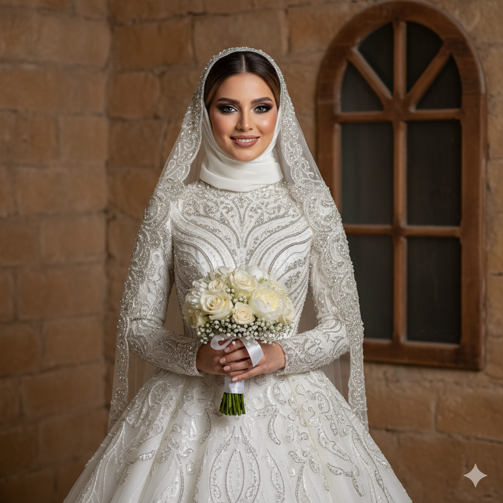 A joyful bride in a beaded white wedding gown, holding a bouquet, with elegant long sleeves and soft makeup, against a warm-toned stone wall.