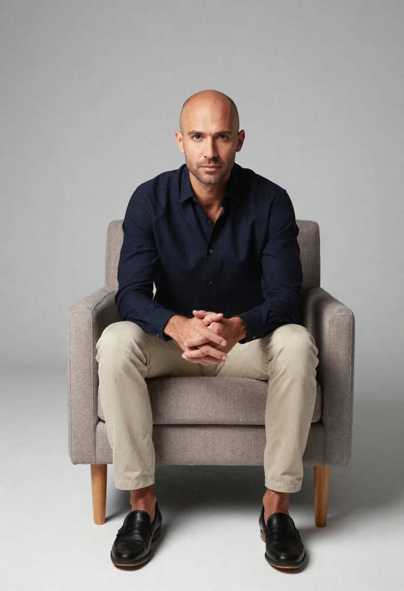 Studio Portrait Man Sitting Upright Armchair Against Plain Light Gray reference photo
