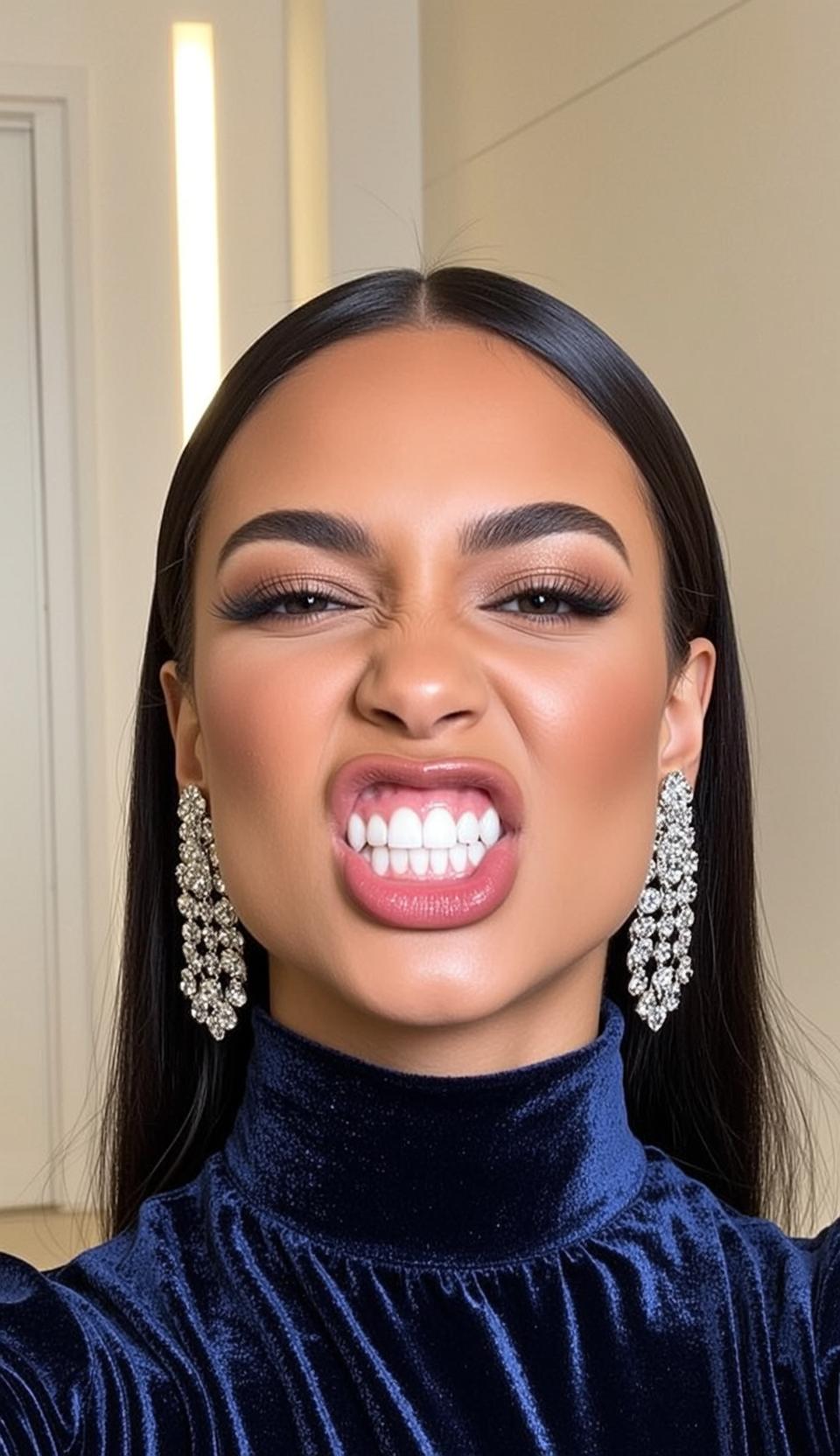 Diamond Earrings Woman Grinning Indoors