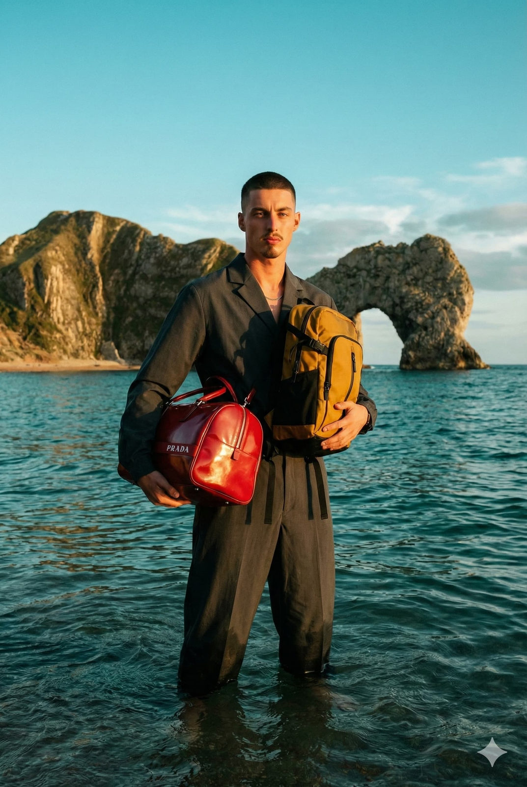 A woman in a charcoal technical suit stands in teal water near rugged cliffs at golden hour, hugging red and mustard bags.