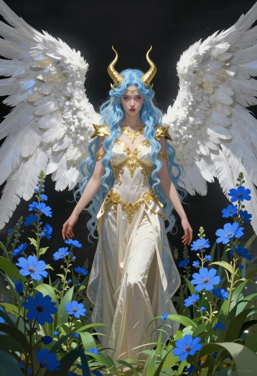 Digital Painting Majestic Angelic Figure Standing Amidst Tall Blue Flowers reference photo