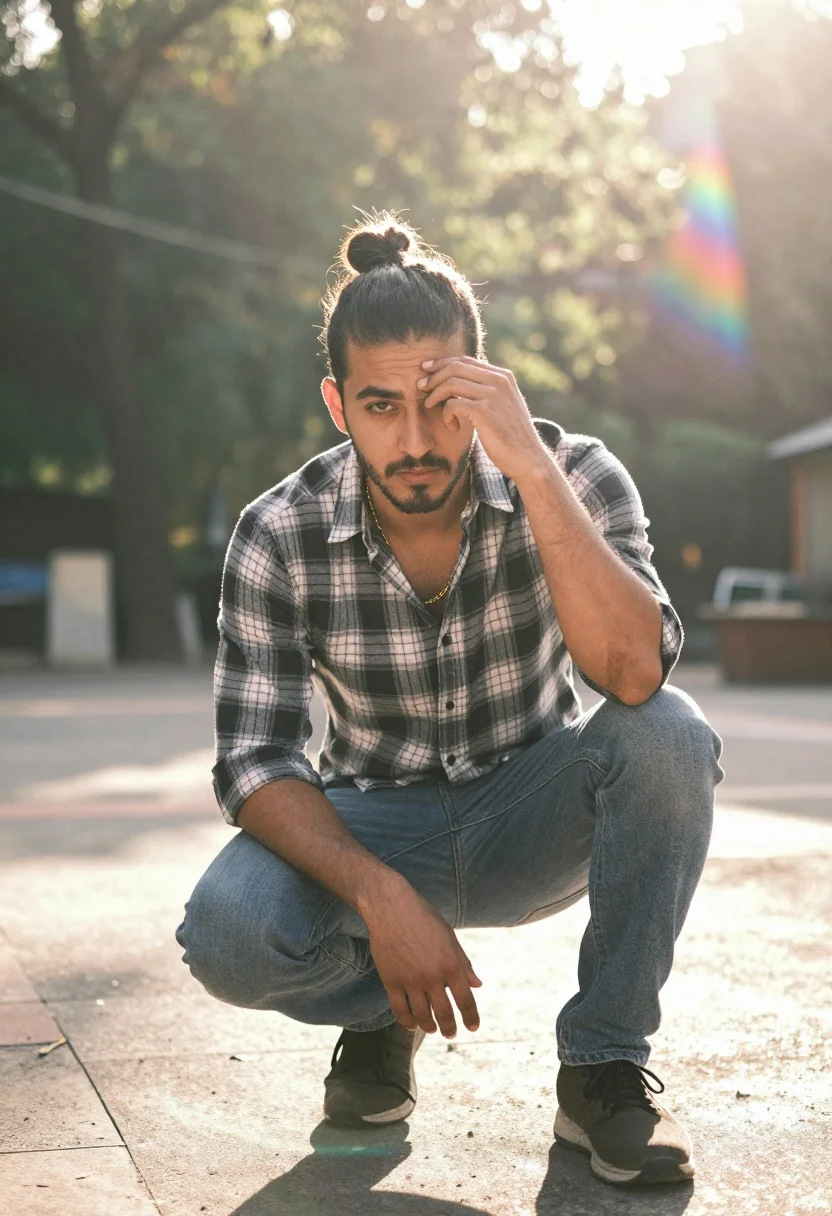 Man Crouching Sun-drenched Outdoor Setting With Soft-focus Background Trees And