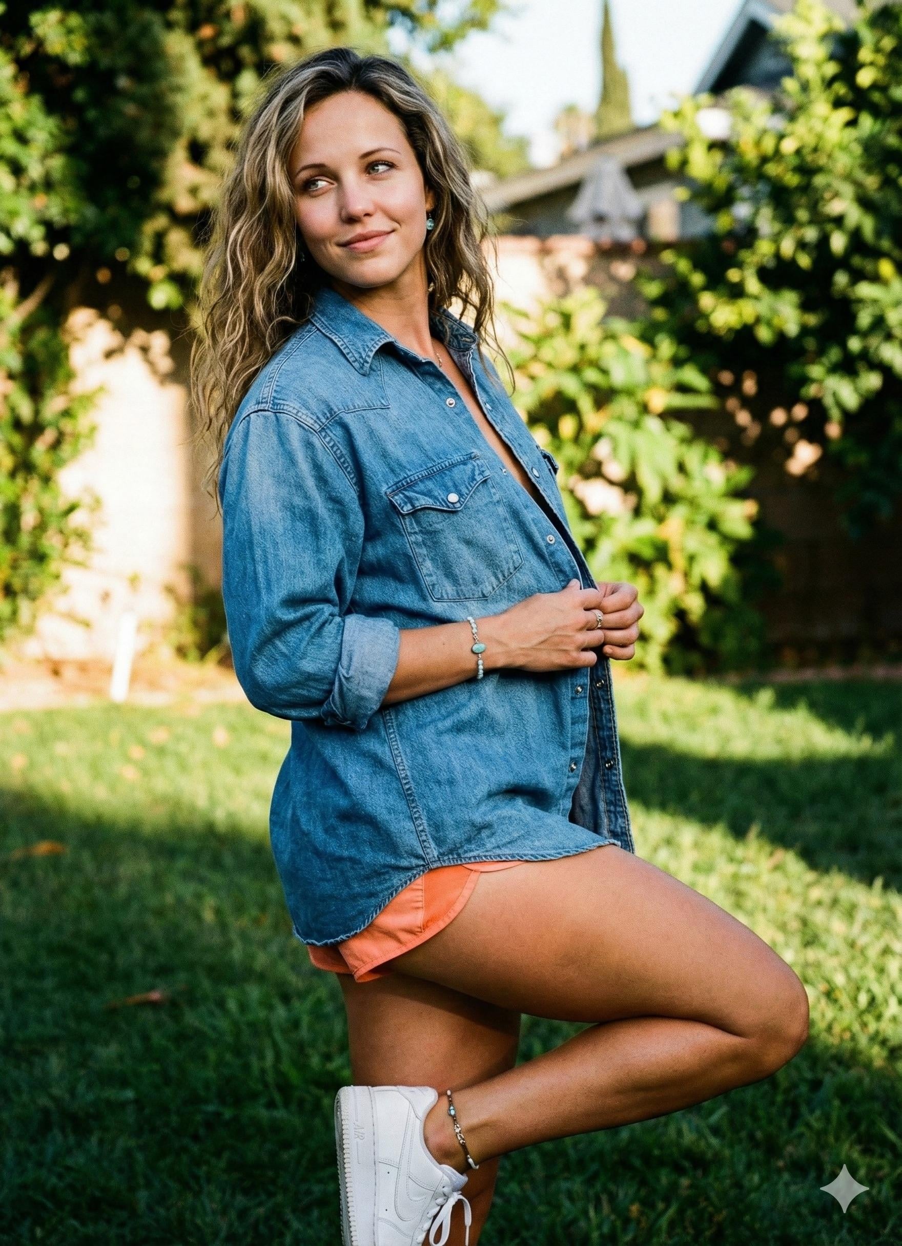 A person in an oversized denim shirt and orange shorts standing in a sun-dappled backyard, showcasing a vibrant summer look.