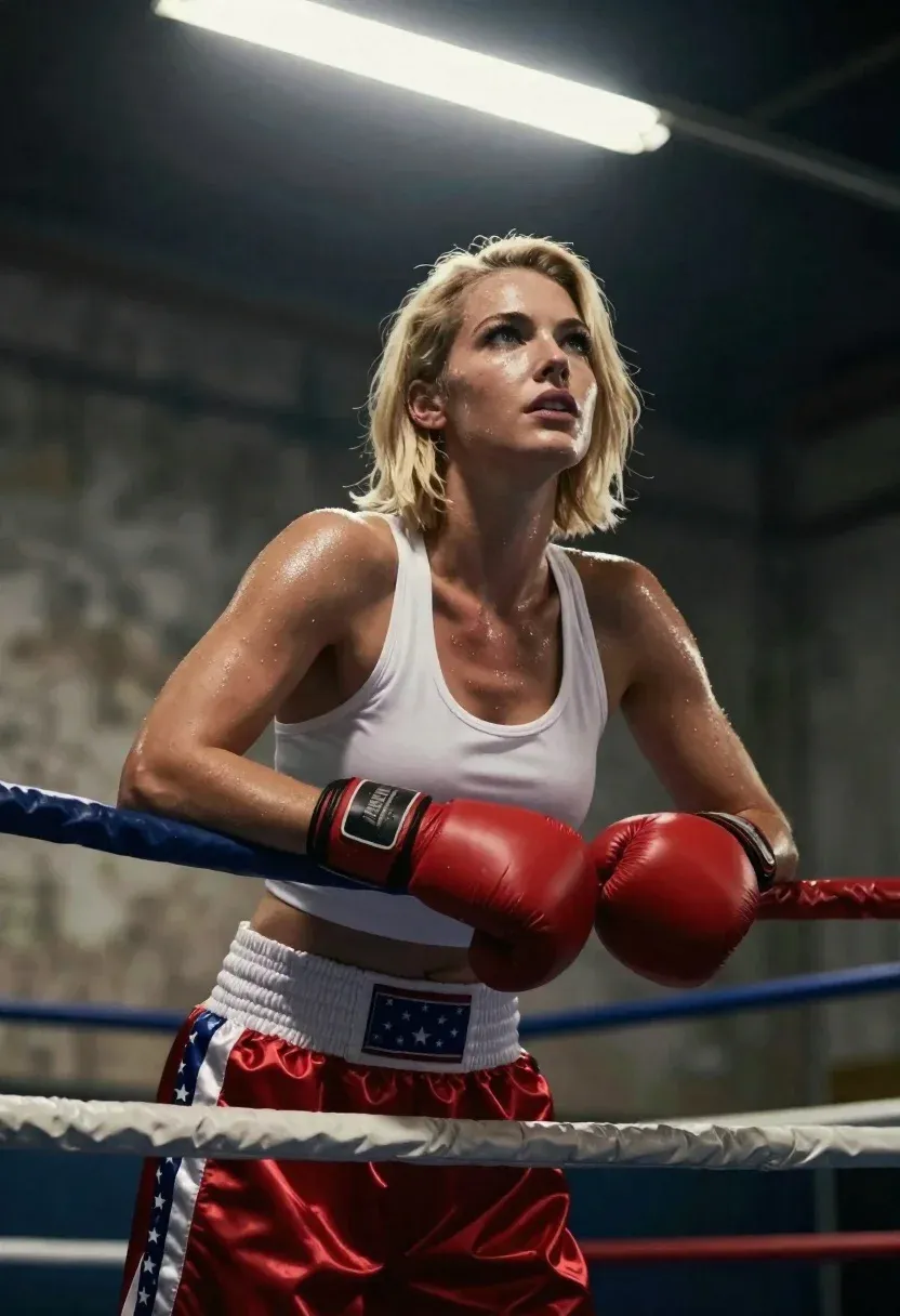 Confident Female Boxer With Blonde Hair Leaning Against The Ropes