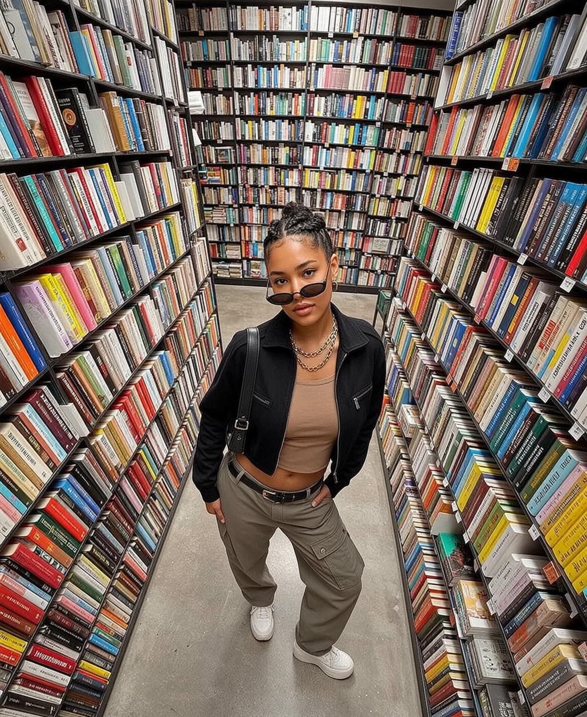 Baddie Stands Narrow Aisle Between Tall Floor-to-ceiling