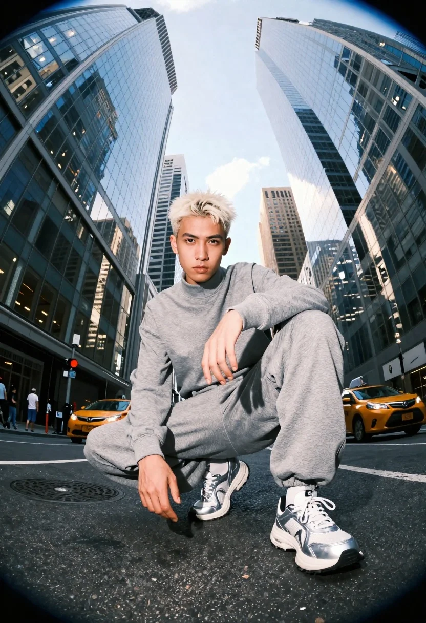 Low-angle Shot Young Man With Platinum Blonde Hair Crouching The