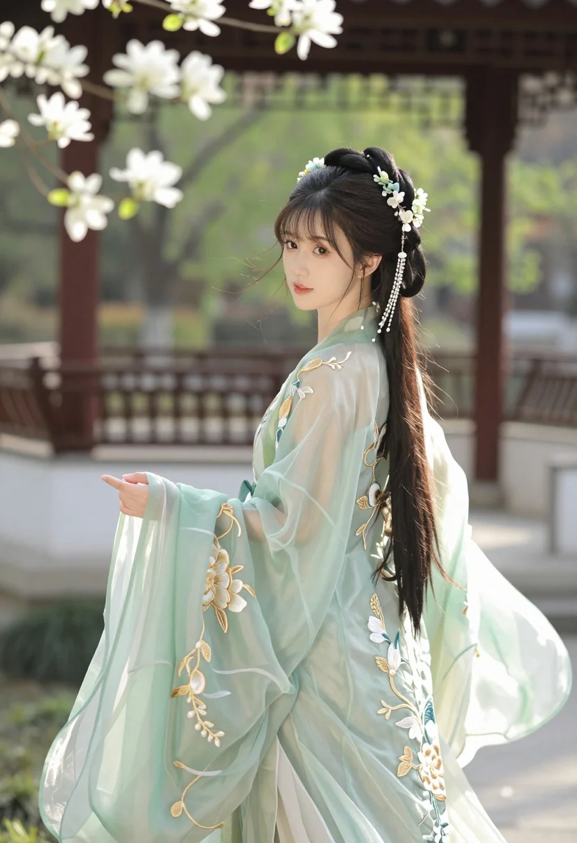 Graceful Young Woman Traditional Chinese Attire Stands Outdoors Serene Garden