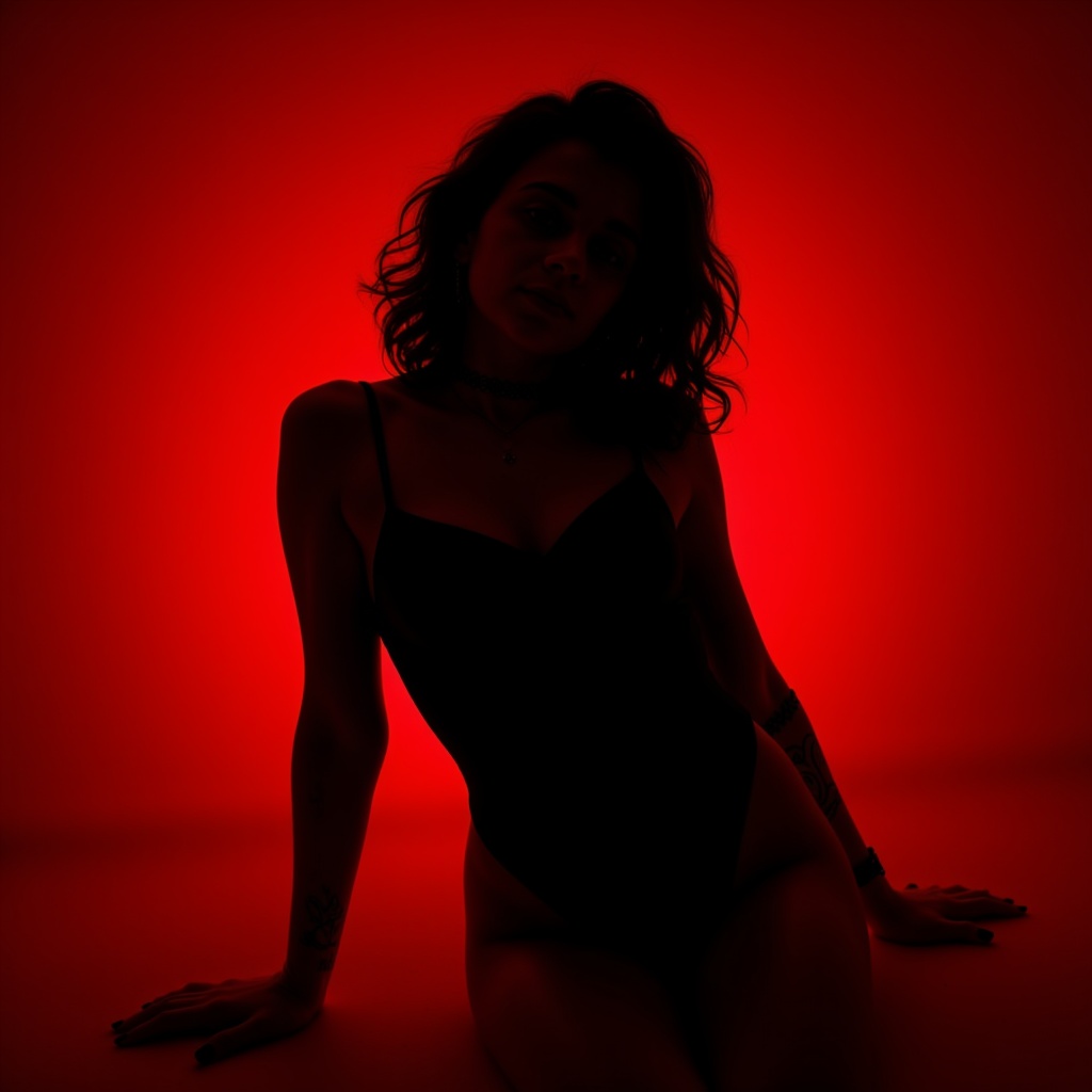 Close-up of a female model with a profound gaze, deep red tones, and dramatic lighting