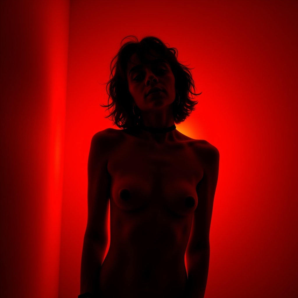 Upper body shot of a nude model with flowing black turtleneck in red hues