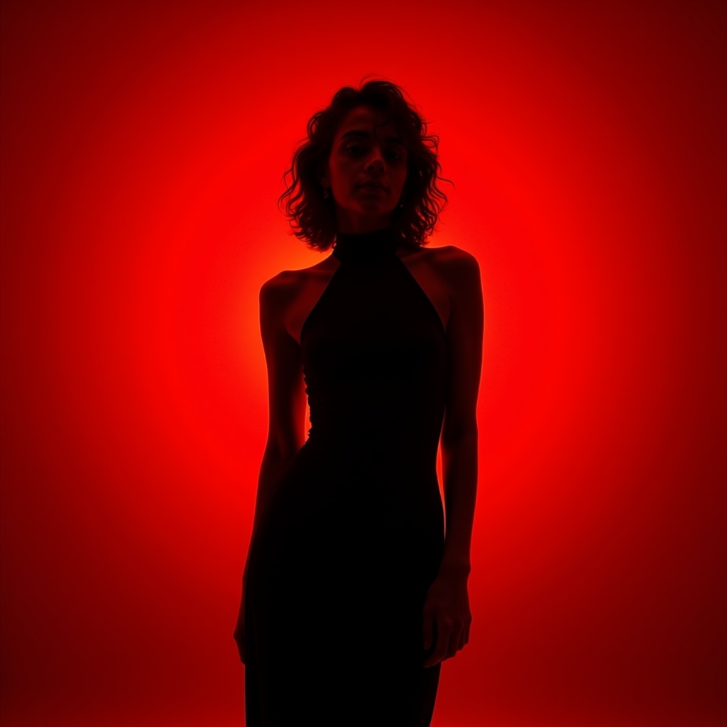 Cinematic portrait featuring a model with a tilted head pose and warm crimson ambiance