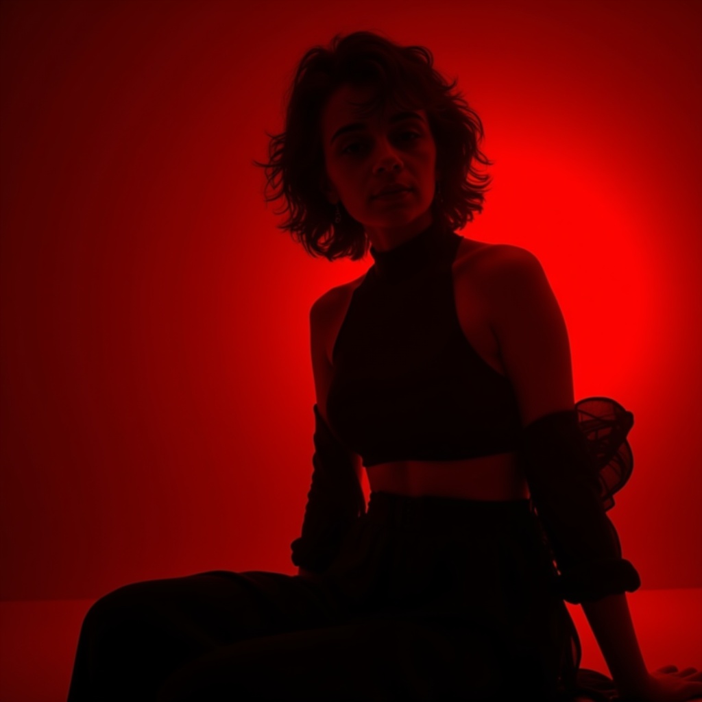 Stunning silhouette of a model with elongated body stance in deep red lighting