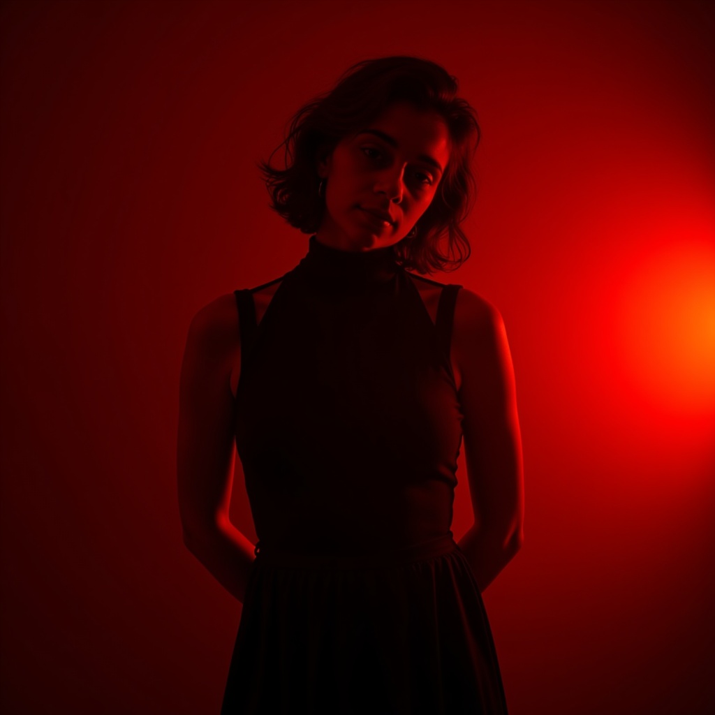 Erotic fashion editorial photo of a nude model wearing elegant accessories in red hues