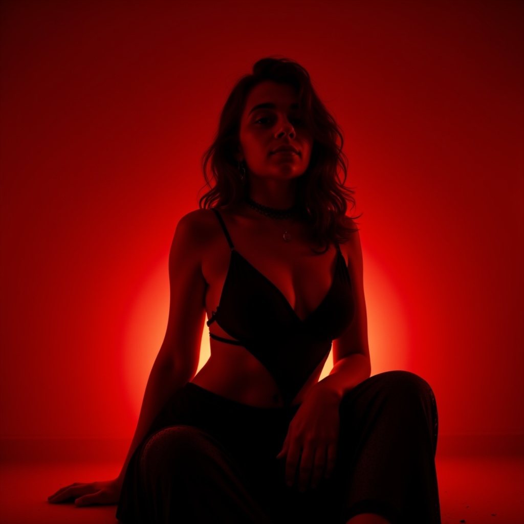 Dramatic shot of a female model against a dark backdrop, showcasing striking shadows