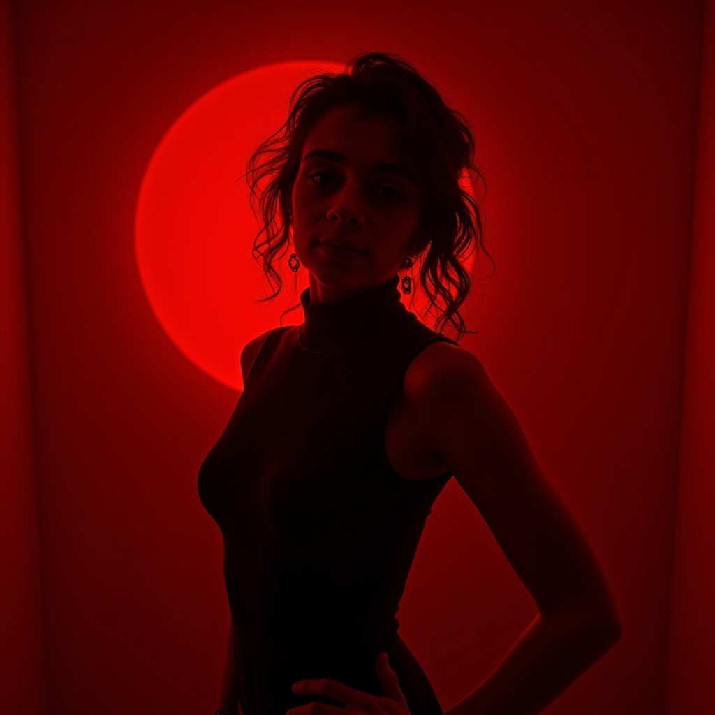 Artistic portrayal of a nude model with ethereal lighting and red gel accents