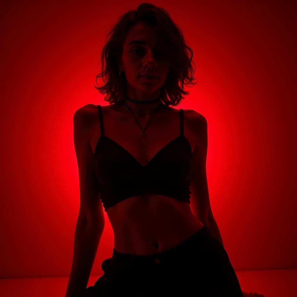 A deep red silhouette of a model wearing nothing but a flowing black turtleneck