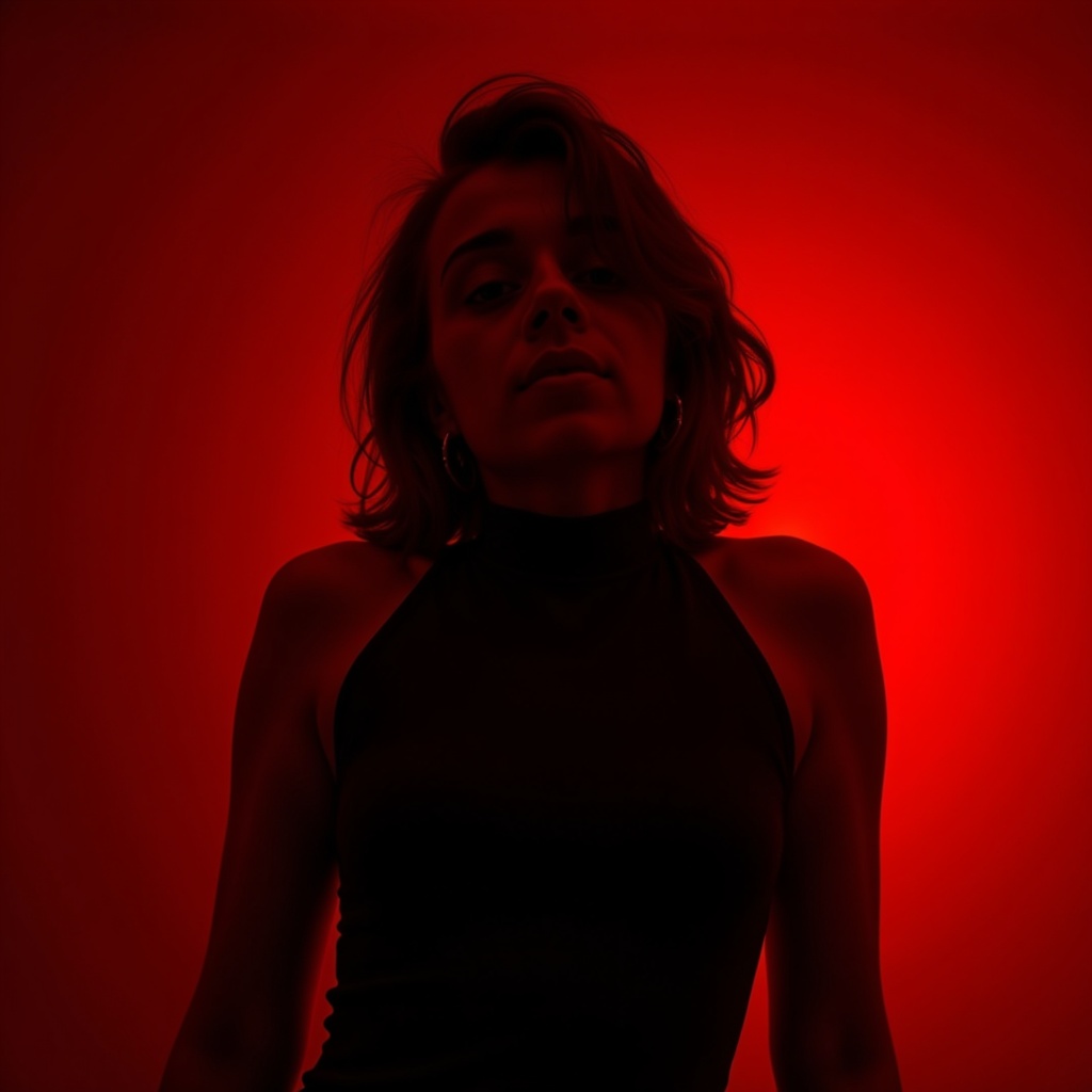Elegant erotic fashion model captured in deep red tones, embodying dramatic artistry