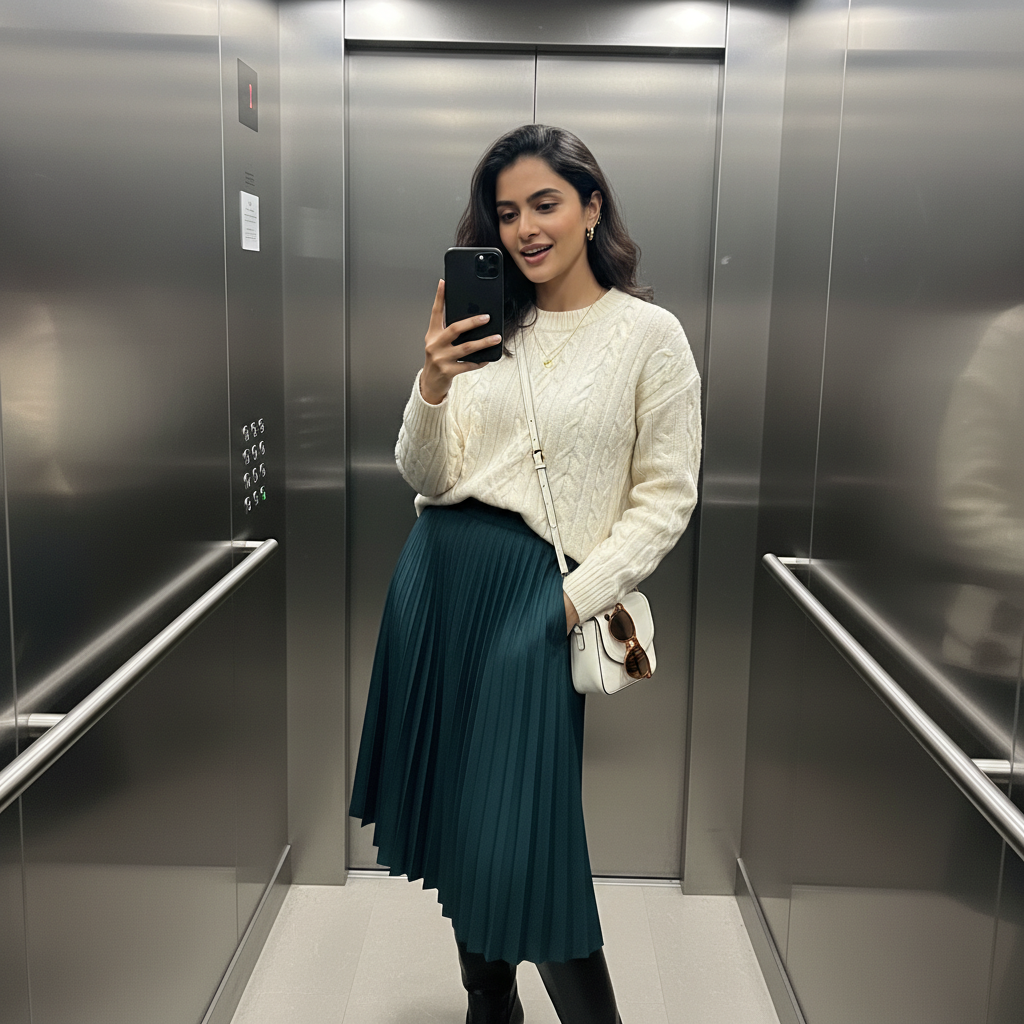 A person smiling warmly in a sleek elevator, holding a smartphone, with reflections creating an ethereal atmosphere.