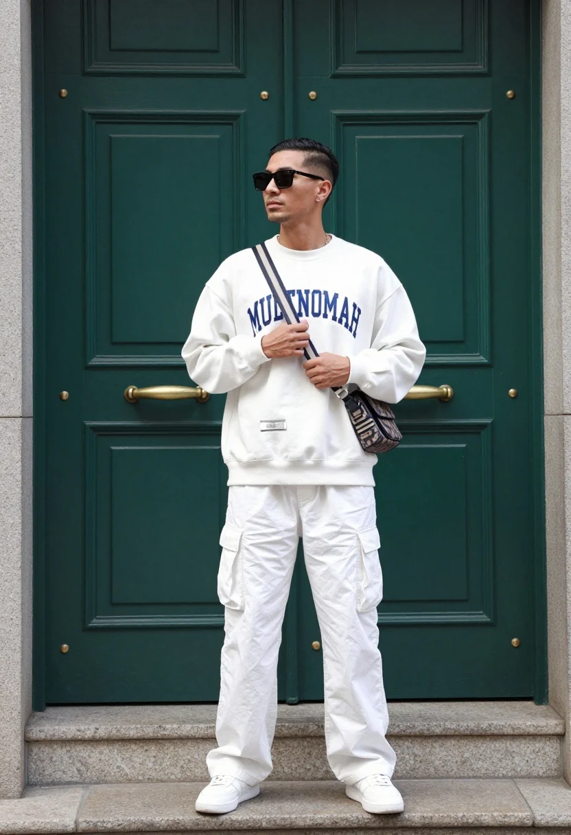 A stylish man in a white outfit stands confidently in front of a large green paneled door, illuminated by soft natural daylight.