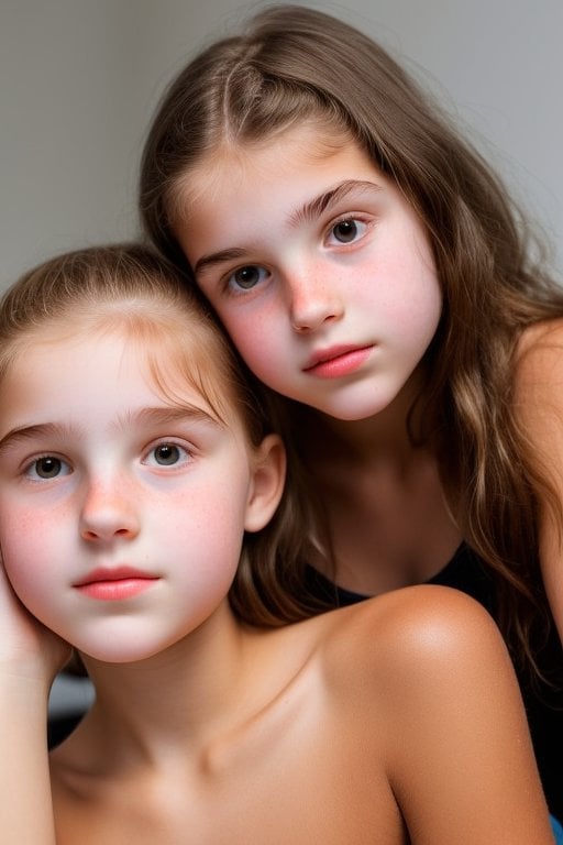 Two Girls Studio Portrait Soft Lighting Neutral Expression