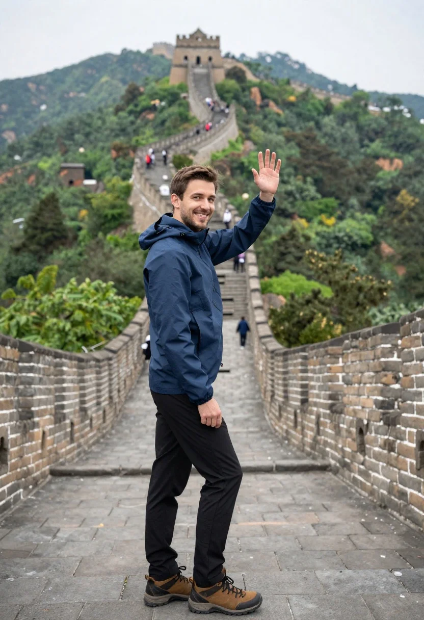 Smiling Man Stands The Great Wall China Waving Back The