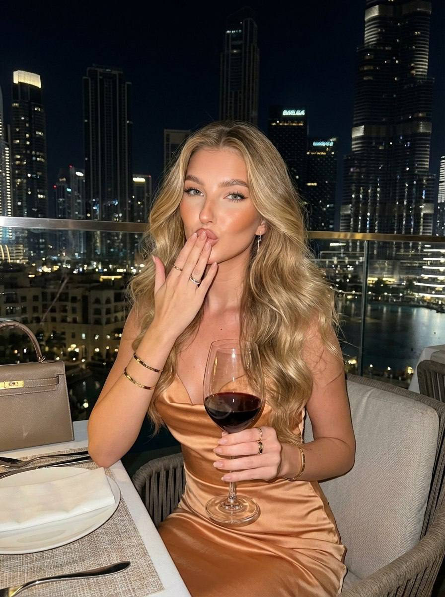 A model in a peach satin dress holding a wine glass at a candlelit restaurant table with city lights in the background.
