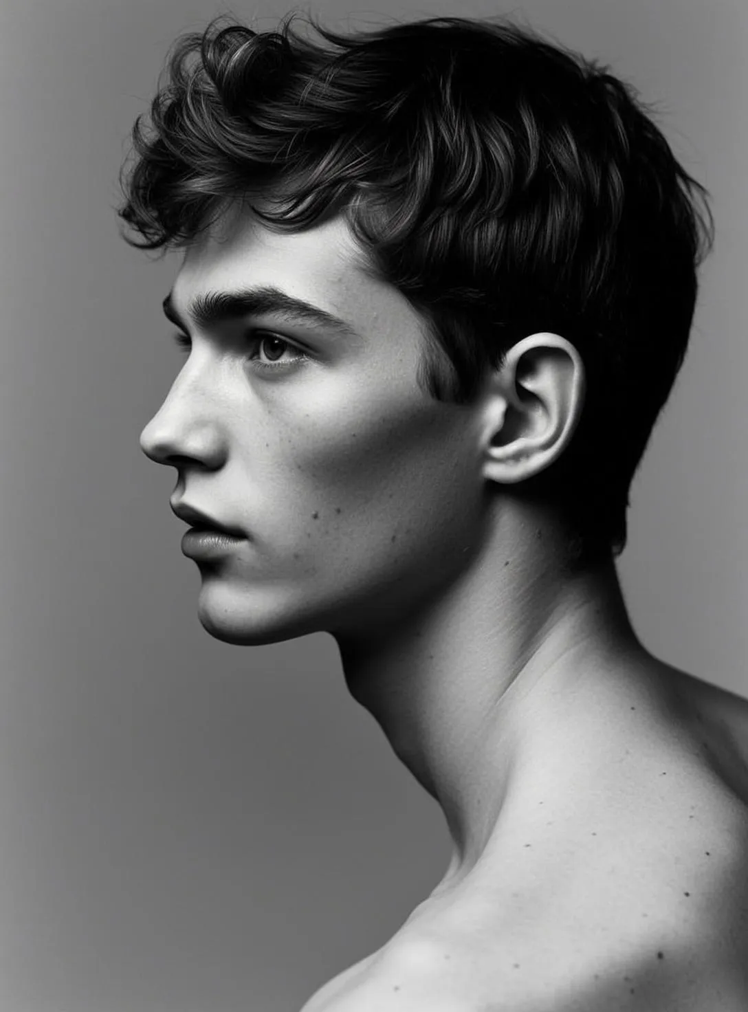 Photorealistic Black And White Medium Shot Portrait Young Man Profile