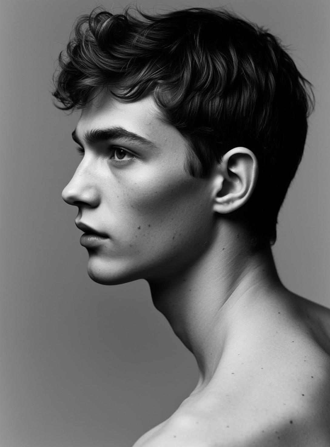 Photorealistic Black And White Medium Shot Portrait Young Man Profile