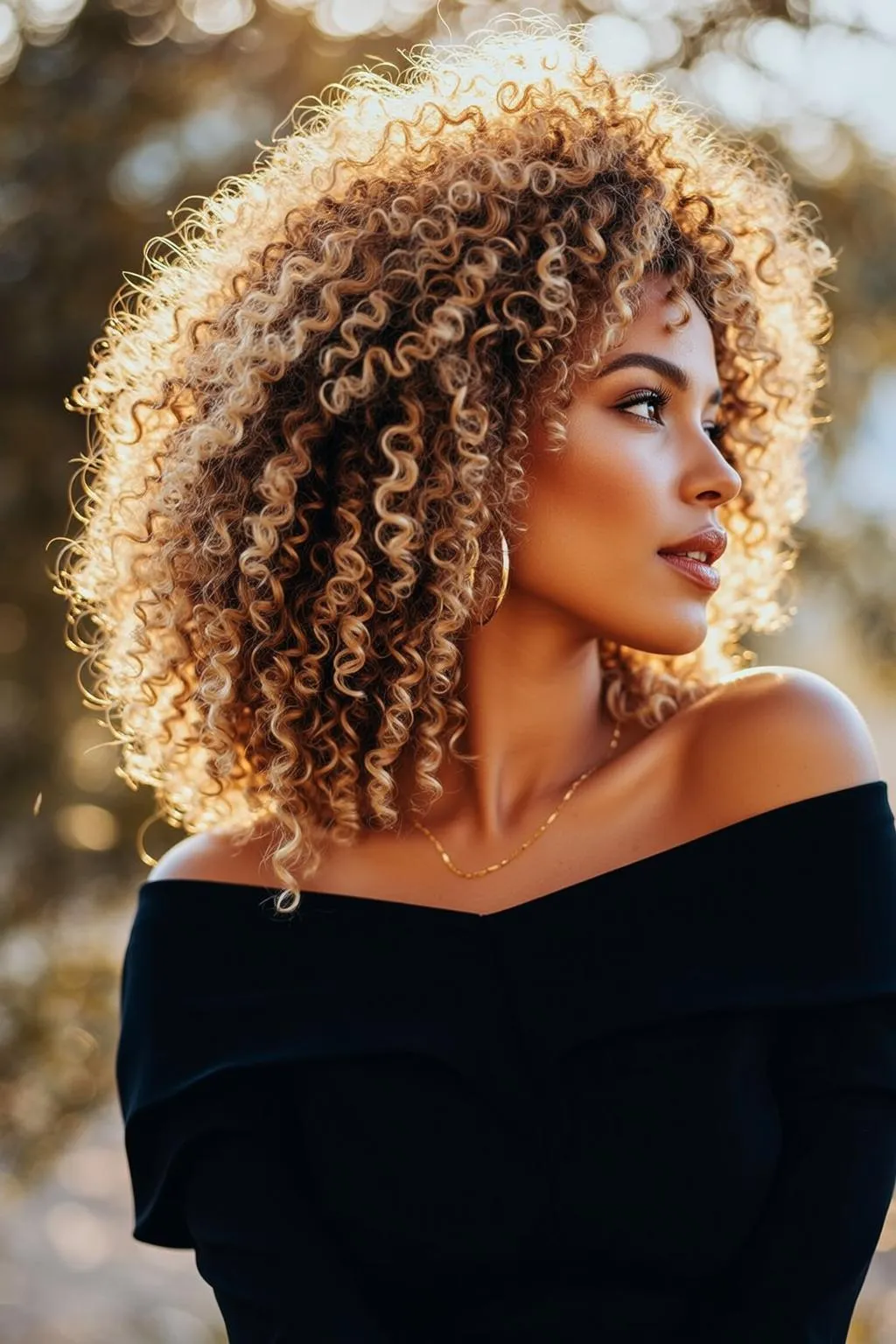 Golden Hour Blonde Afro Woman Contemplative Side Glance