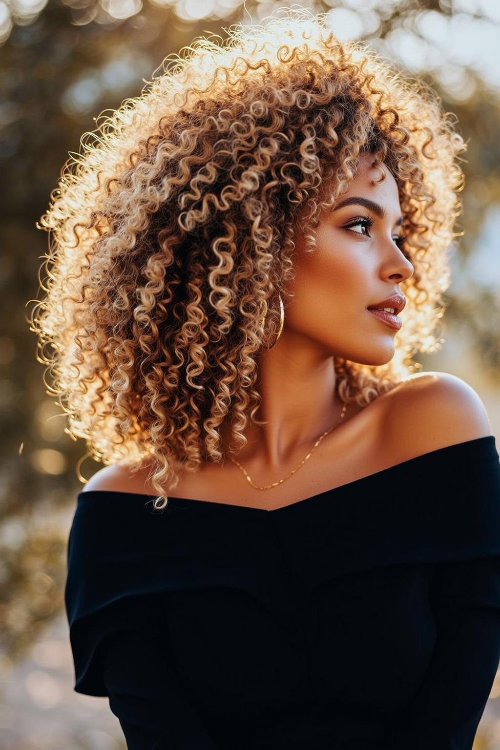 Golden Hour Blonde Afro Woman Contemplative Side Glance