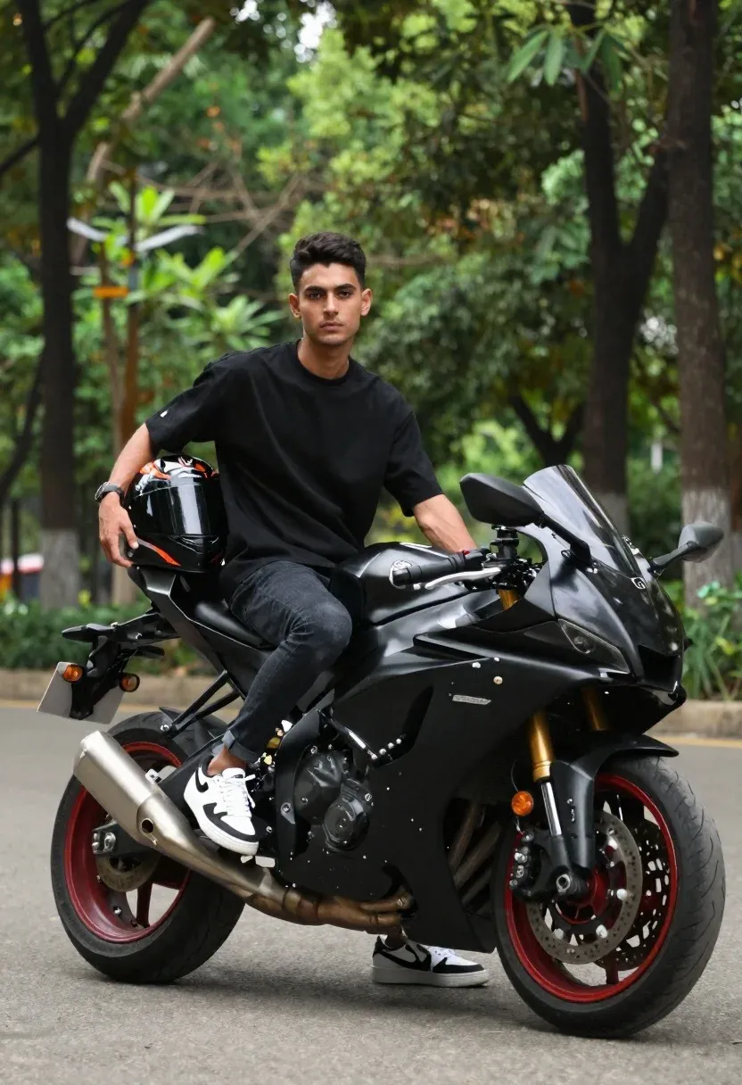 Cinematic Outdoor Portrait Young Man Sitting Sleek Black Sportbike Park