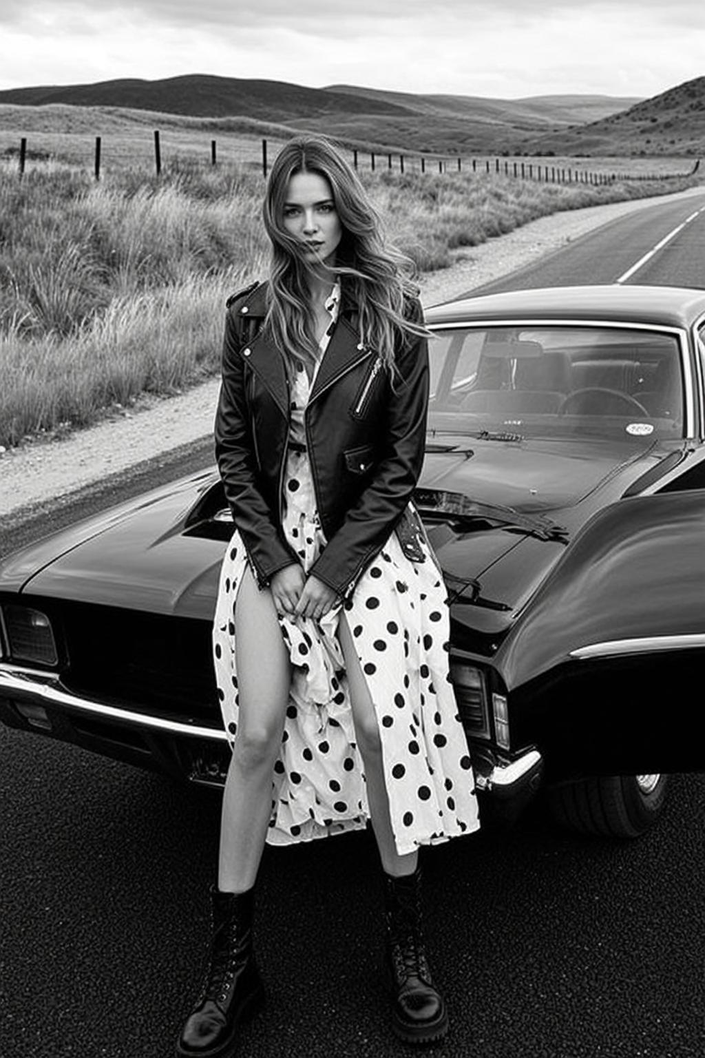 Black Leather Motorcycle Jacket Rural Roadside Natural Overcast Asphalt Road reference photo