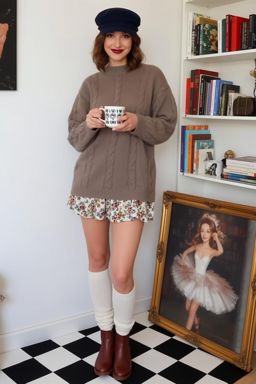 Brown Sweater Floral Skirt Newsboy Cap Bookshelf