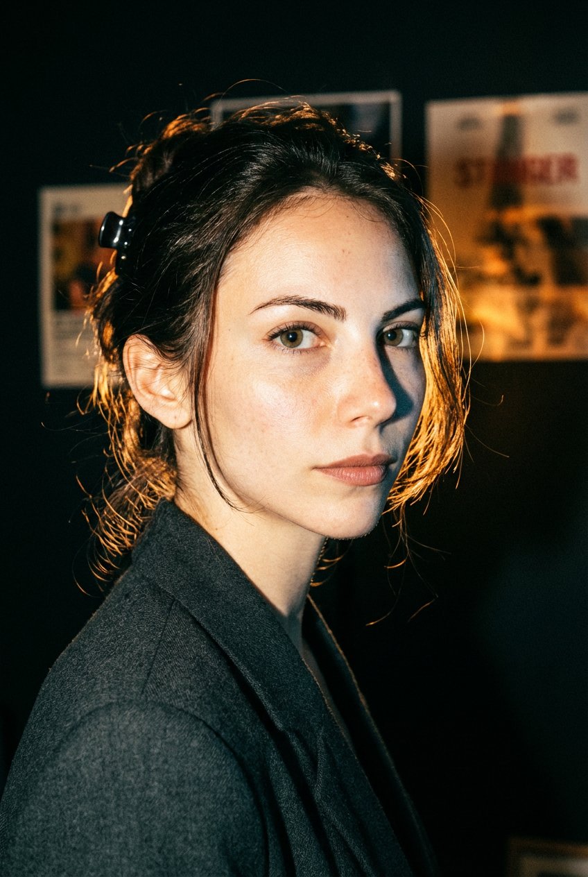 A portrait featuring pale skin with a gritty 90s style under warm vintage lighting, showcasing cold bluish shadows.