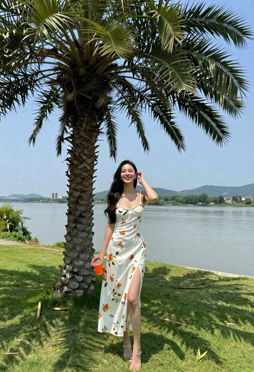 Woman Stands Smiling Grassy Riverbank Next Large Palm Tree Subject reference photo