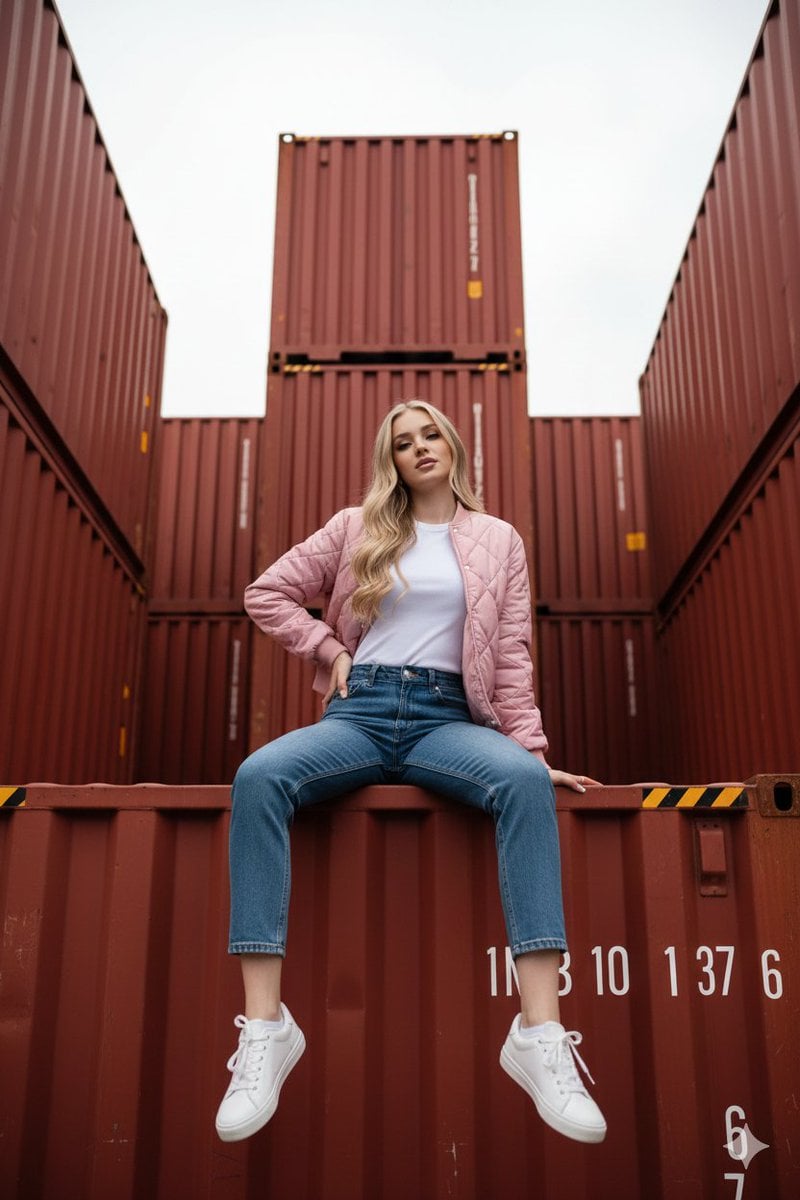 A fit western woman seated on a red shipping container, wearing a quilted bomber jacket, looking away with serious expression, bright white sneakers visible.