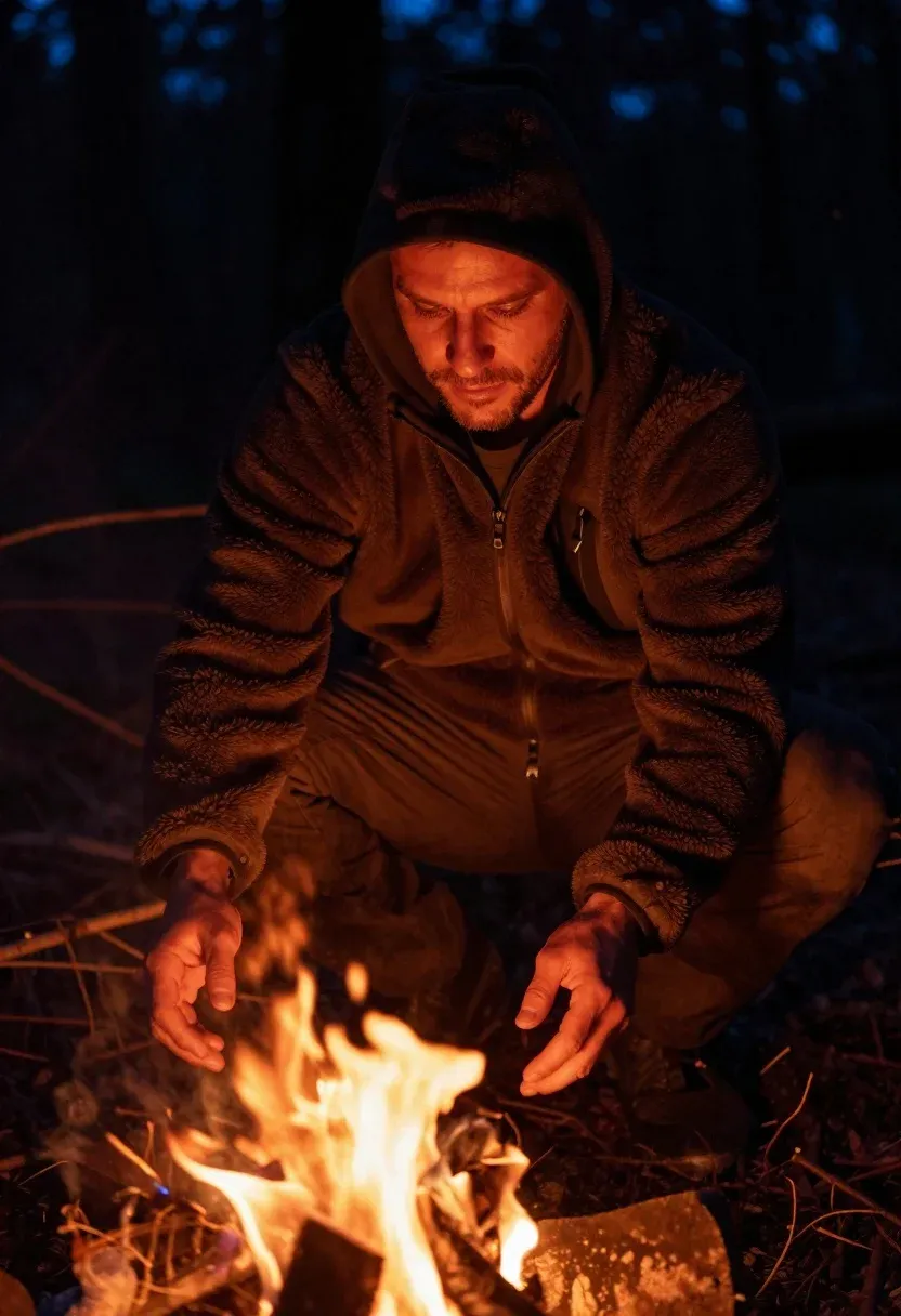 Realistic Photo Man Crouching Campfire Night Subject Middle-aged Man With