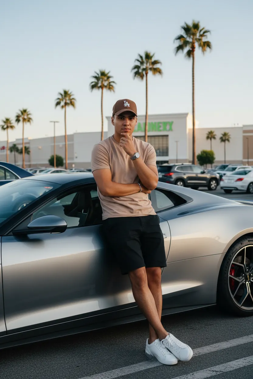Man Posing With Car In Parking Lot