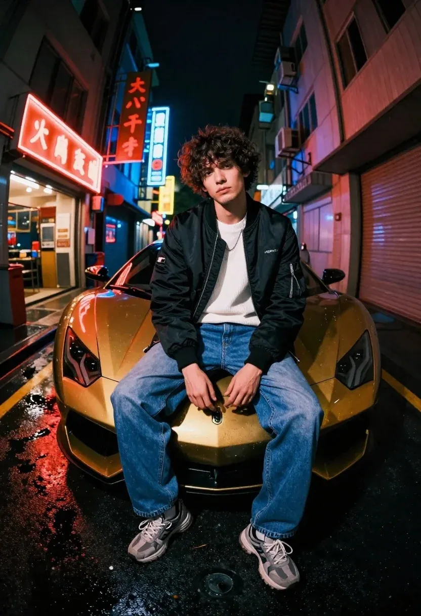 Young Man With Curly Dark Hair Sits Casually The Hood