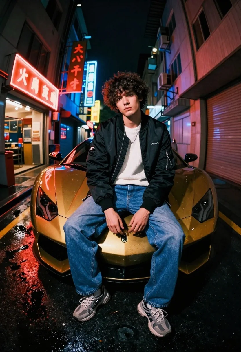 Young Man With Curly Dark Hair Sits Casually The Hood