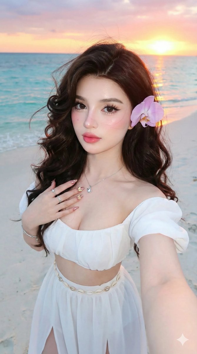 Woman with glowing milky-white skin, long dark brown wavy hair and glossy light-pink lips, styled in a flowy maxi skirt.