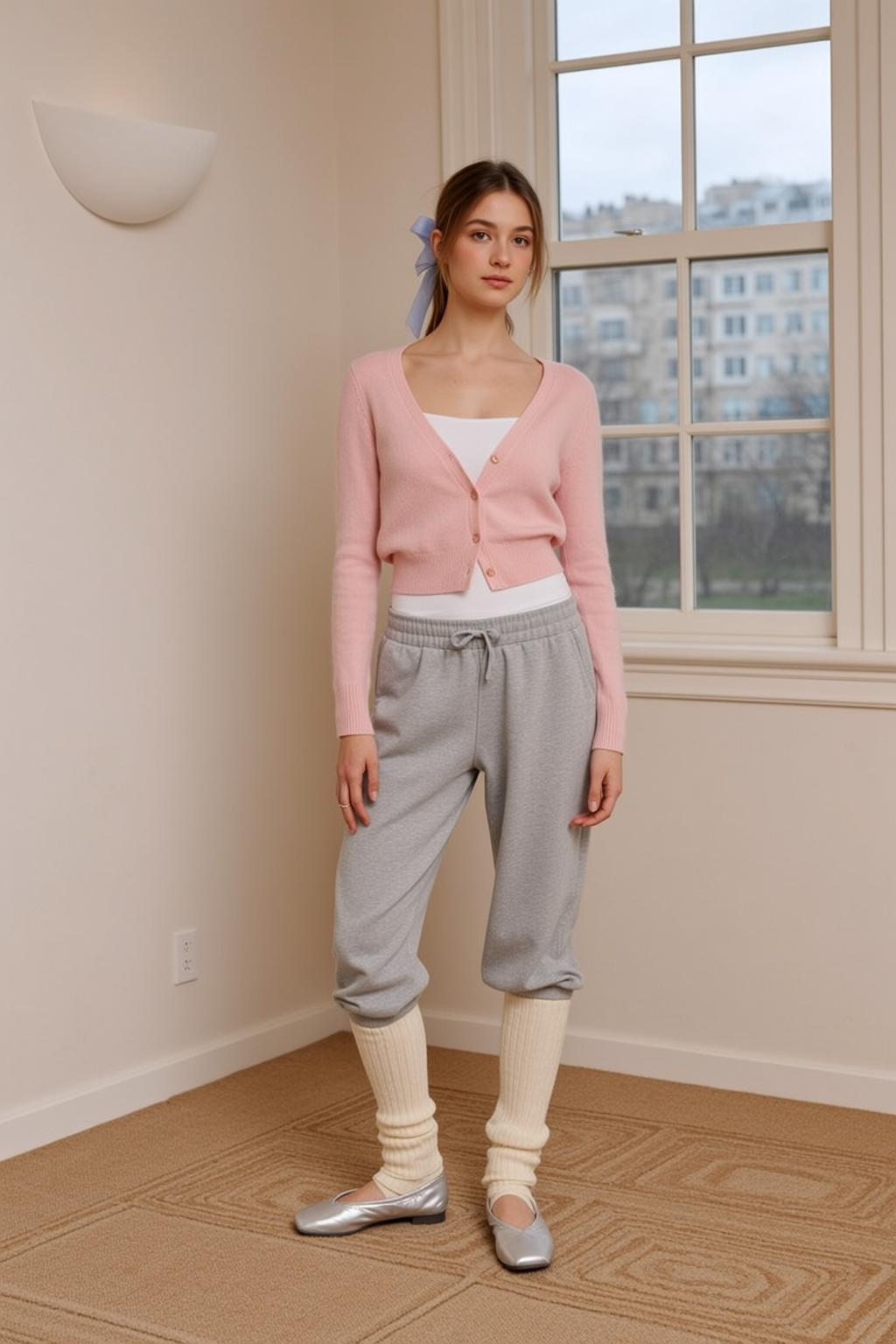Pink Cardigan Grey Sweatpants
