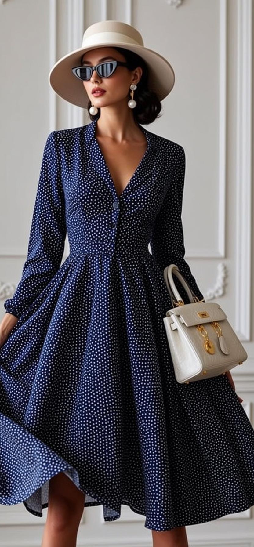 Navy Polka Dot Dress Pearl Earrings Hat