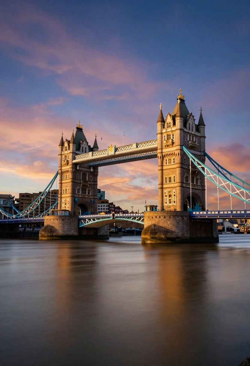 A majestic view of Tower Bridge under a dramatic sky at sunset, featuring smooth water surface and vibrant colors.