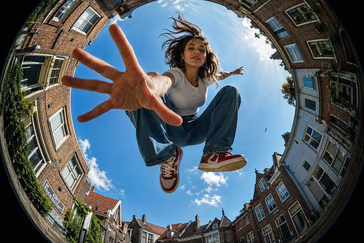 Mid Air Blue Sky Brick Buildings Fisheye