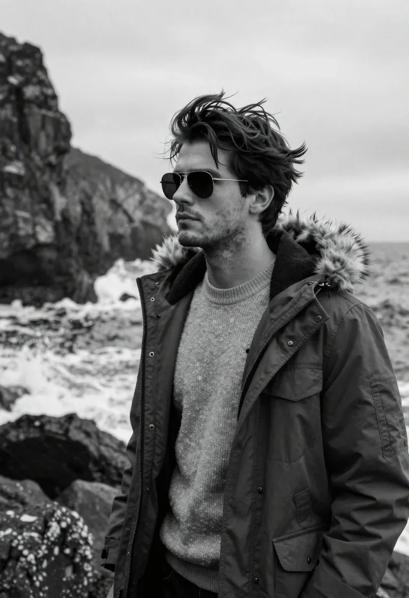 Monochrome Portrait Rugged Young Man Standing Rocky Coastline With The