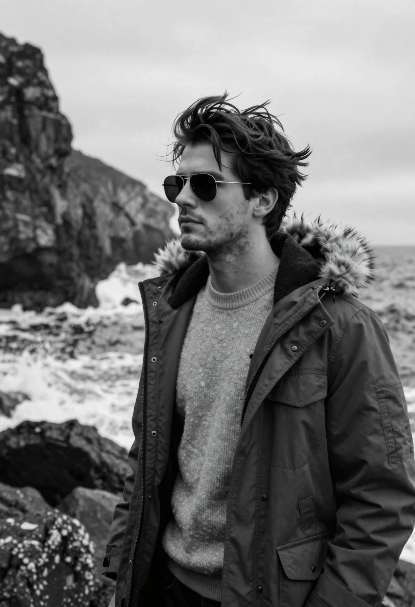 Monochrome Portrait Rugged Young Man Standing Rocky Coastline With The